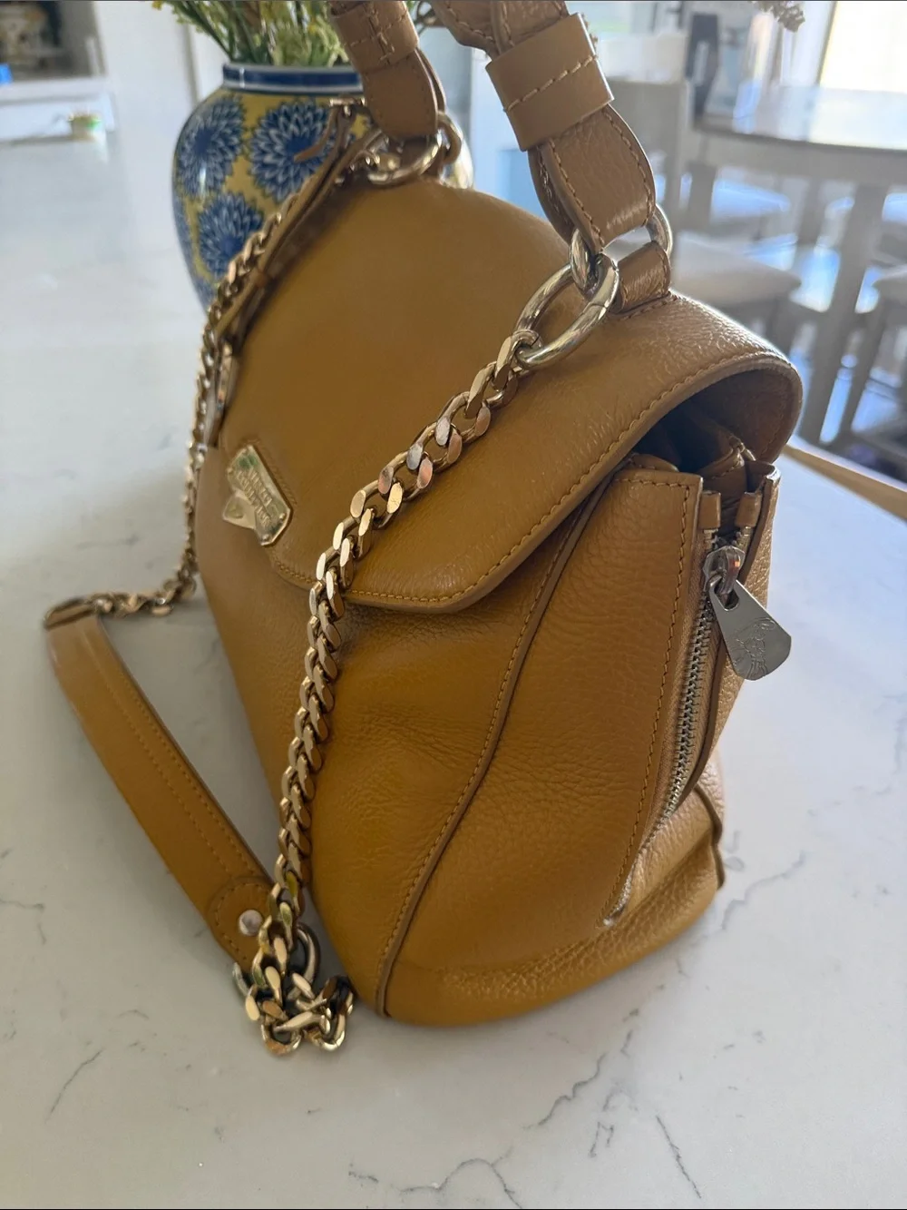 Versace Collection Mustard Yellow Leather Satchel with Gold Chain